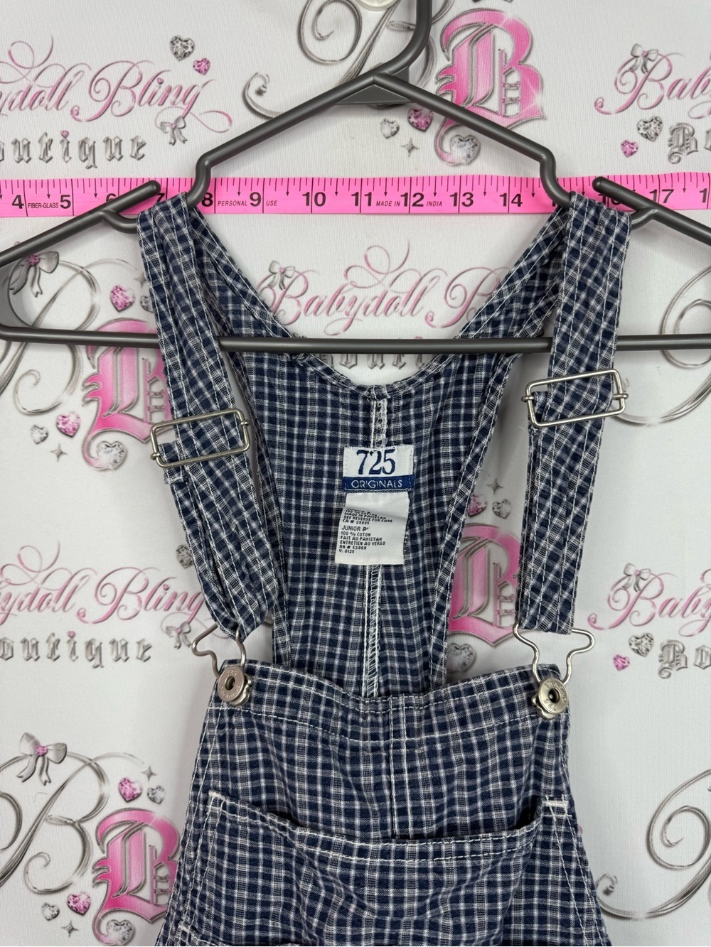 725 originals vintage overalls Girls Navy Plaid Short Overalls Jumper Romper - Picture 7 of 10